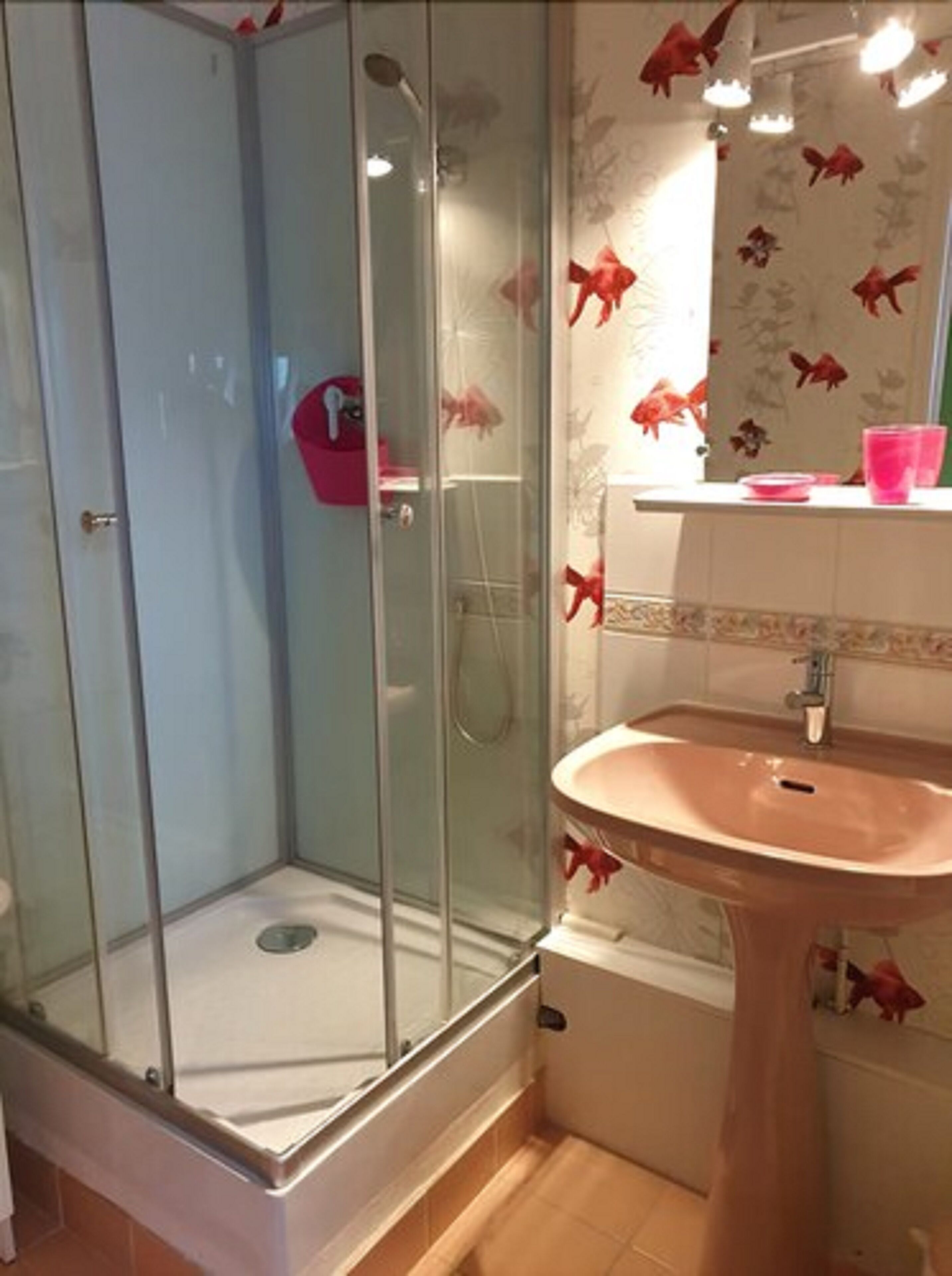 Une salle de bain avec une douche à parois de verre, un lavabo et un miroir décoré d’autocollants représentant des poissons.
