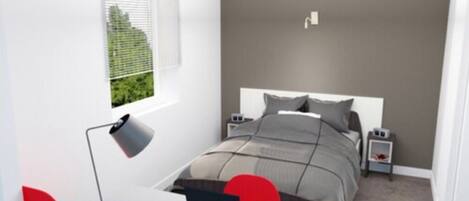 A modern bedroom with a bed, bedside tables, a desk, and a lamp.