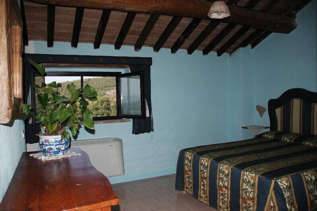 Un dormitorio con cama, ventana, radiador y una planta en maceta.