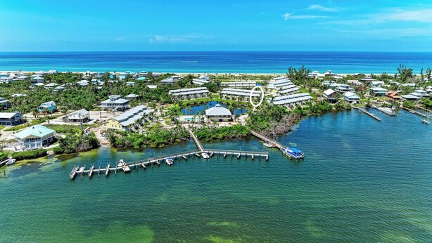 Ett flygbildsbild av en kustort med flera byggnader, en småbåtshamn och kristallklart blått vatten.