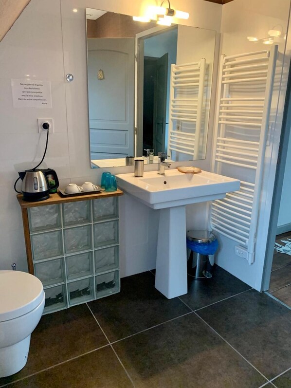 A modern bathroom with a white sink, a mirror, a towel rack, and a toilet. - Le Verger - Le Plessis (Colombiers)