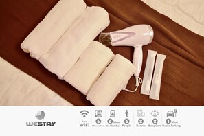 Hair dryer, towels