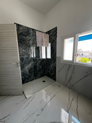 Shower, hair dryer, bidet, towels