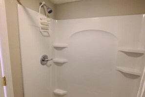 Combined shower/tub, hair dryer, towels, soap