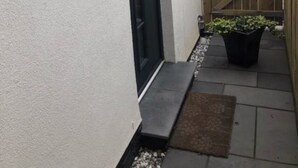 Um corredor exterior estreito com uma porta preta, um portão de madeira e um vaso com planta.