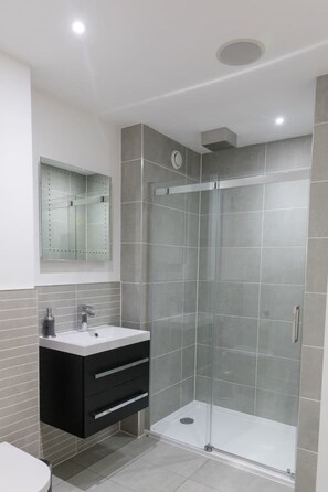 Apartamento | Banheiro | Chuveiro, secador de cabelo, toalhas de banho, shampoo