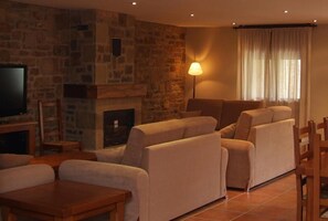 Televisión de pantalla plana, chimenea y reproductor de DVD