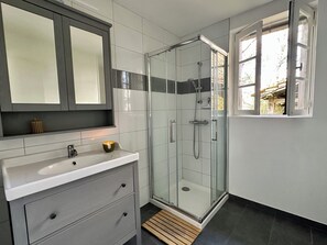 Shower, hair dryer, towels