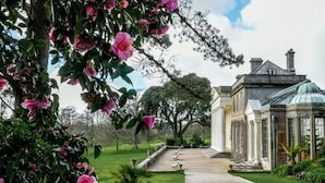 Un bâtiment de style classique, doté d’un dôme de verre et de colonnes, entouré d’un jardin bien entretenu et d’un chemin menant à l’entrée.
