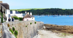 A coastal town with a stone wall, traditional houses, and a view of boats in the water.