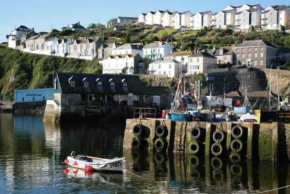 A coastal town with houses on a hillside, a dock with boats, and a building labeled "AQUARIUM". - Gin O'Clock, Mevagissey, Level Walk to Harbour! (Mevagissey)