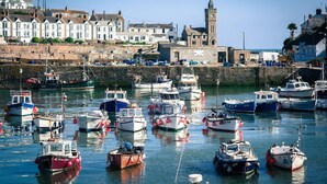 A harbor with various boats docked, a prominent clock tower, and residential buildings along the waterfront. - Homely Cottage with Sun Terrace, Short Walk to Beach (Porthleven)