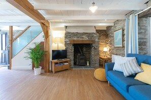 تلفزيون، مدفأة، كُتُب، مكتب