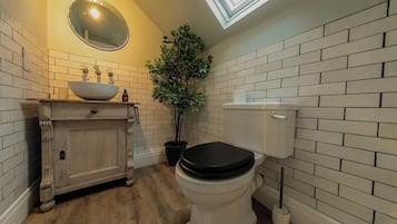 Bathtub, hair dryer, towels, toilet paper