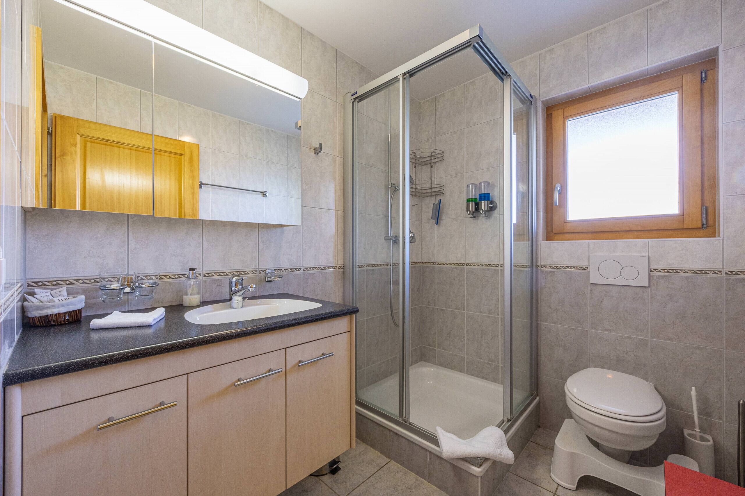 A modern bathroom with a glass-enclosed shower, a white sink, and a toilet.