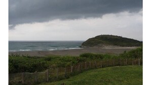 A coastal landscape with a grassy hill and a beach. - SUITES LAM BEACH HOUSE Panoramic views. (Actopan)