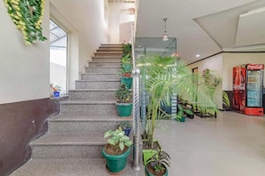 A staircase with potted plants, a Coca-Cola refrigerator, and a hanging light fixture. - The Wind Cross Hotel (Kalka)