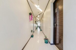 A hallway with potted plants, a wooden door, and a hanging light fixture. - The Wind Cross Hotel (Kalka)