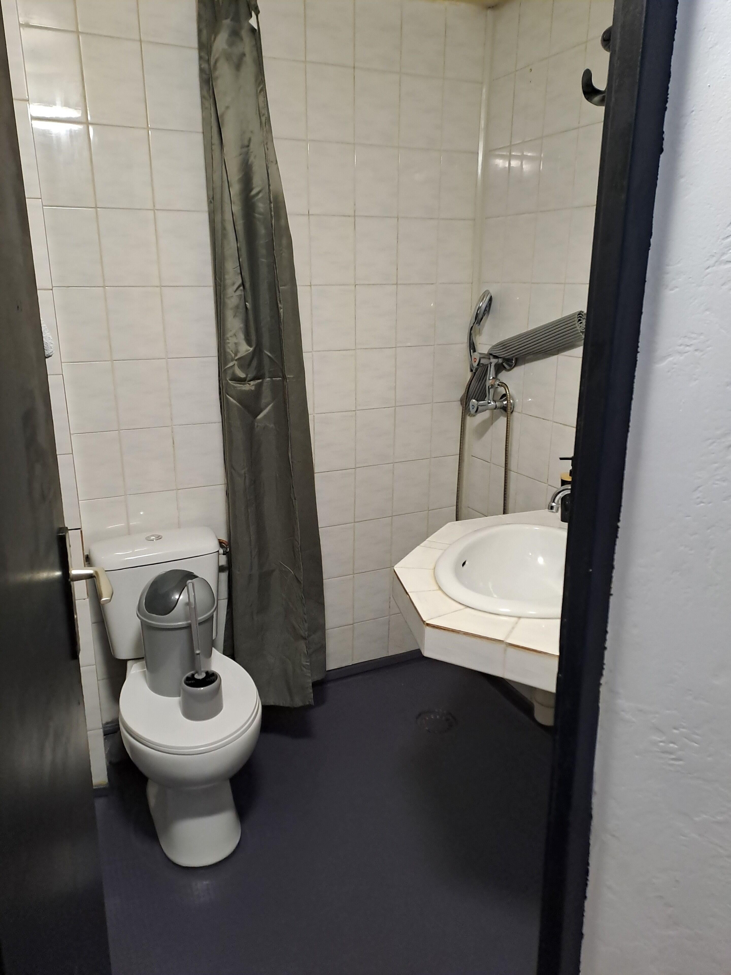 Un baño pequeño con inodoro, ducha y lavamanos.