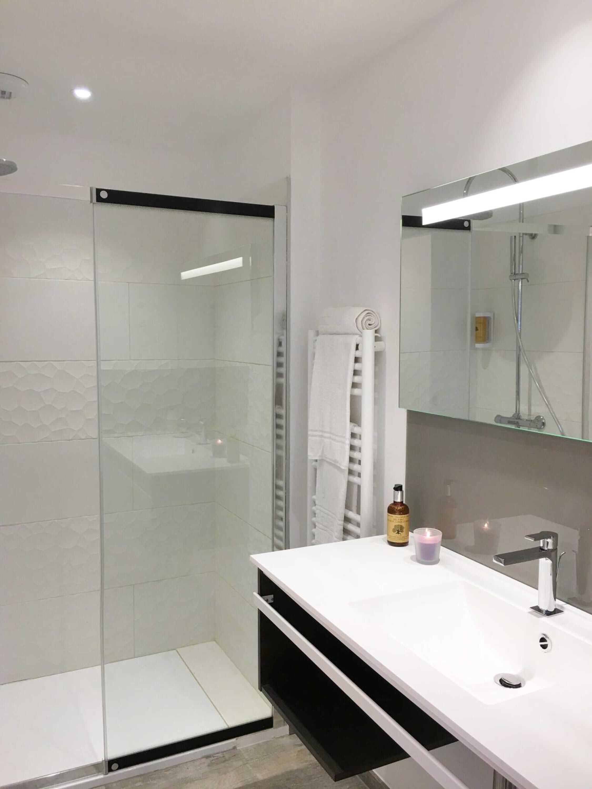 Hair dryer, towels, soap, shampoo