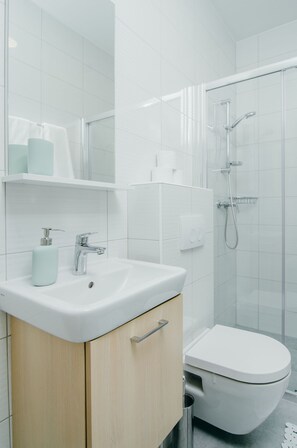 Shower, free toiletries, hair dryer, towels