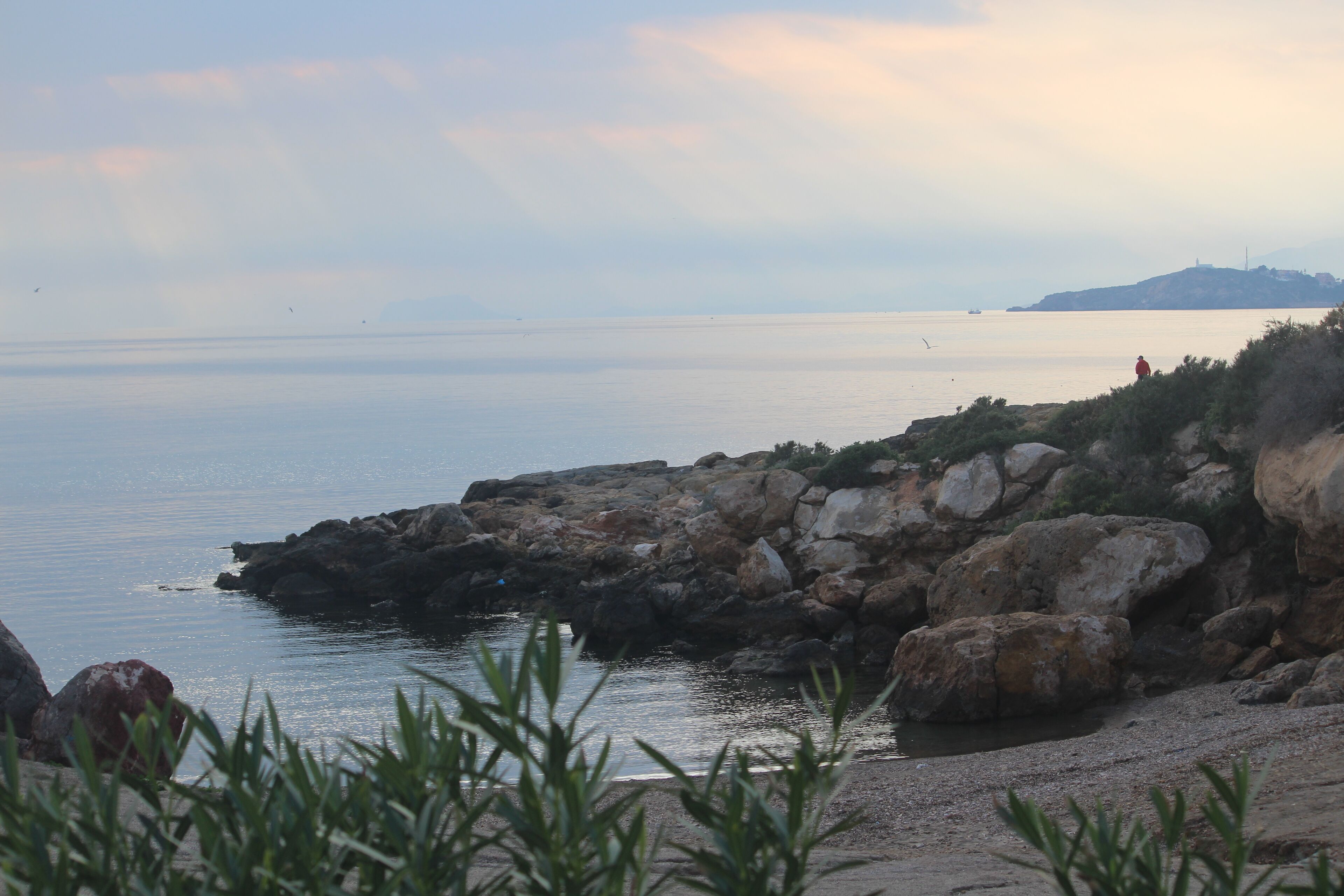 A coastal landscape with rocky terrain and a view of the sea.