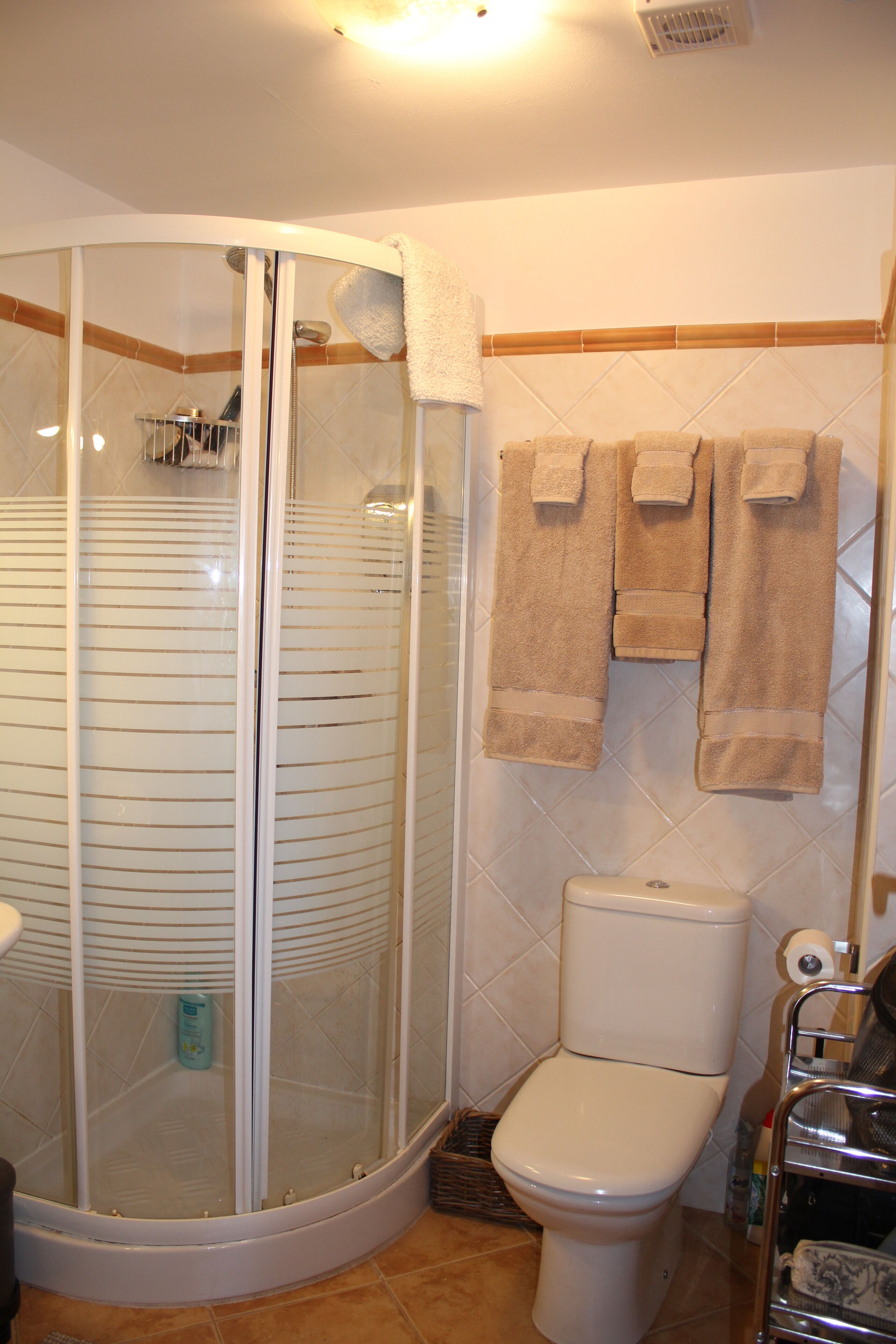 Un baño con ducha de vidrio, inodoro y toallero con toallas.