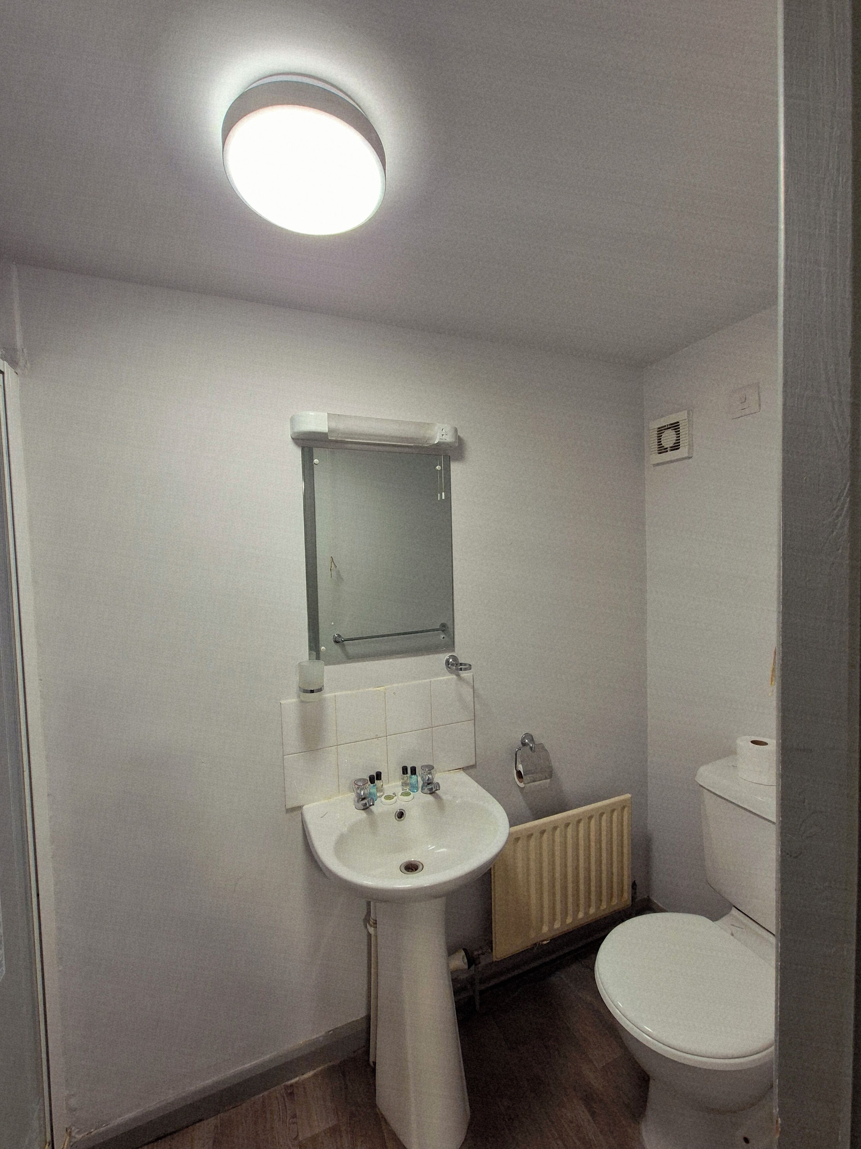 Une petite salle de bain simple, avec un lavabo sur colonne, un miroir, des toilettes et un radiateur.