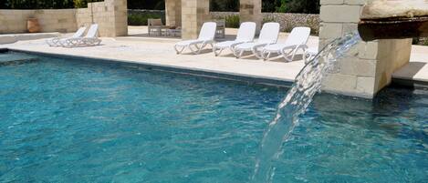 Outdoor pool, pool umbrellas, pool loungers