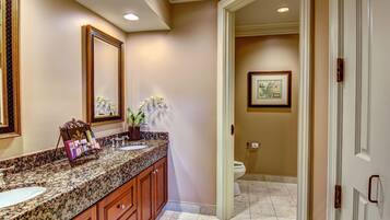 A bathroom with a granite countertop, wooden cabinets, a large mirror, and a framed picture on the wall.