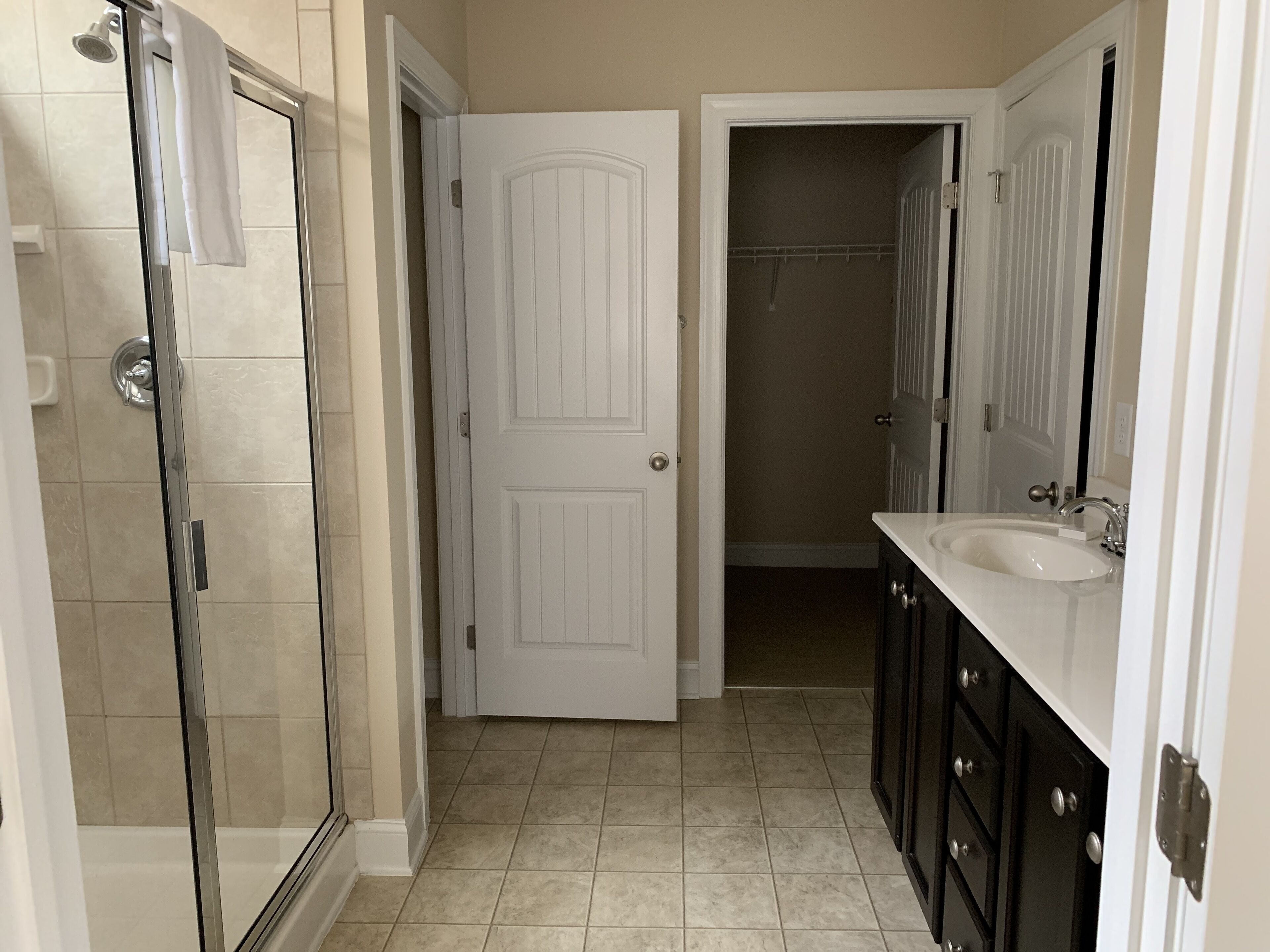 A bathroom with a glass shower enclosure, a white door, a vanity with a sink, and a walk-in closet.