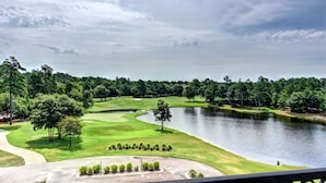 A golf course with a pond, surrounded by trees and a cloudy sky. - The Village at RiverLanding (Wallace)