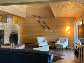 Télévision, cheminée, lecteur de DVD, vidéothèque