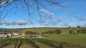 A rural landscape with a pond, a wind turbine, and a row of cabins.