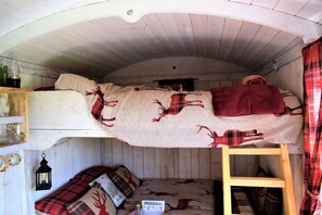 A cozy cabin with a loft bed, a small wooden ladder, and a shelf with decorative items. - Meadow Shepherds hut (Rhayader)