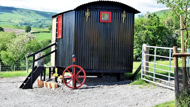 Un abri de jardin rustique en bois, avec une roue rouge et une petite rampe menant à l’entrée.