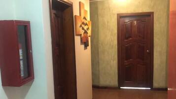 Un pasillo con una puerta de madera, un armario empotrado y una decoración en la pared.