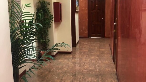 A hallway with tiled flooring, potted plants, a wooden door, and a wall-mounted security camera. - Hostal La Cocina Tipica (Guayllabamba)