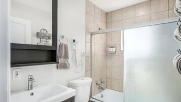 Hair dryer, towels, shampoo, toilet paper