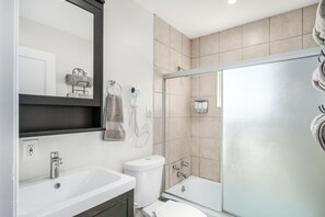 Hair dryer, towels, shampoo, toilet paper