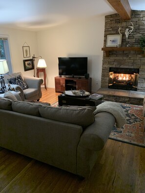 Televisión, chimenea, reproductor de DVD y tenis de mesa 