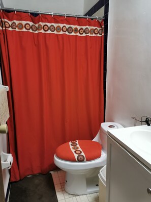 Shower, rainfall showerhead, towels, soap