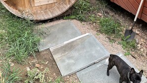 Un bain à remous extérieur en bois, doté d’une porte et de marches menant à l’intérieur, un chien et une pelle posés sur le sol.