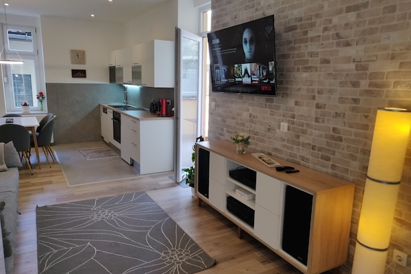 Flatskjerm-TV, iPad, Netflix og DVD-spiller