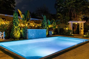 A rectangular swimming pool with a tiled edge, surrounded by lush greenery and illuminated by ambient lighting.