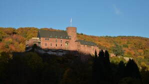 Un château historique, doté d’une tour imposante, situé sur une colline dont les versants sont parés des couleurs automnales.