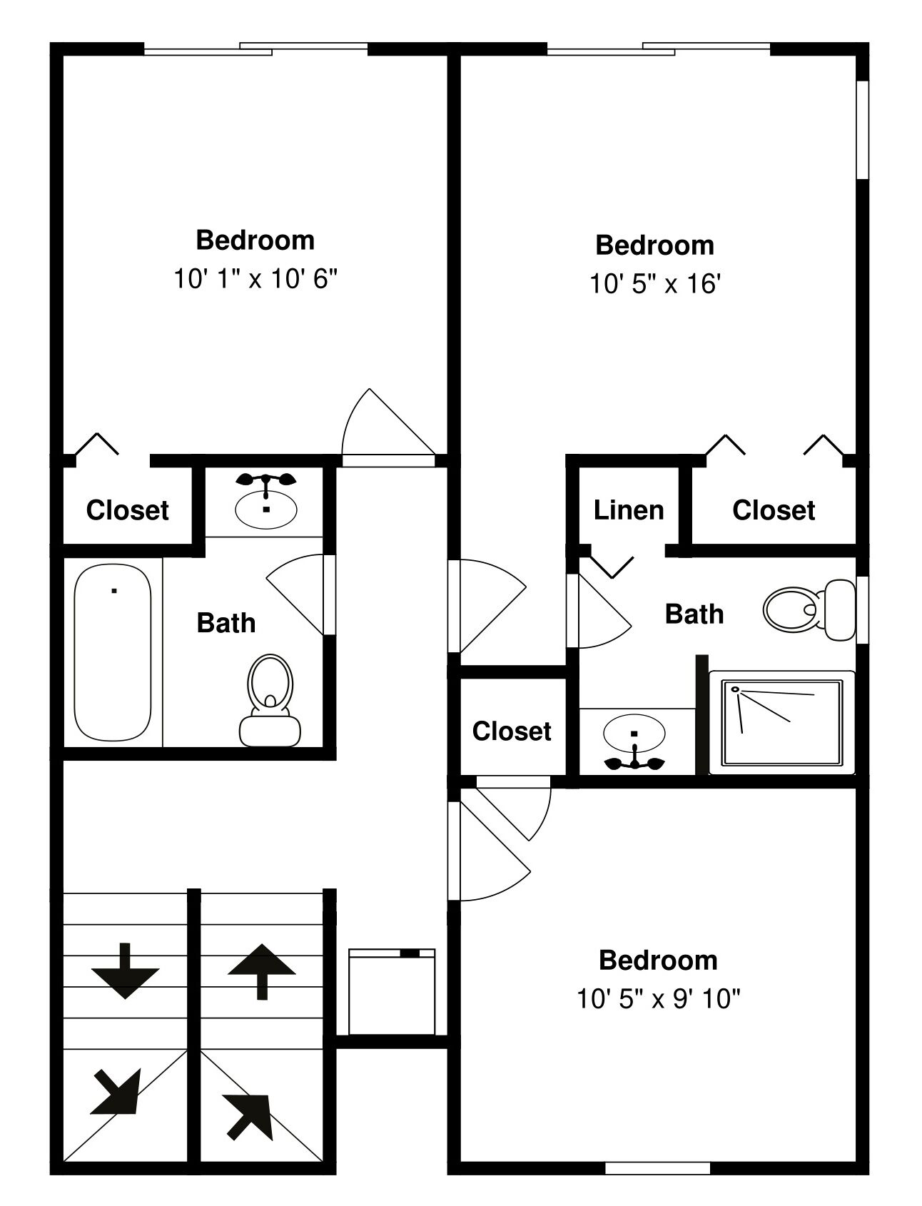 Un plan d’étage comprenant deux chambres, une salle de bain et un placard.