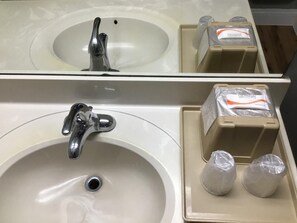 A bathroom with two sinks, each with a mirror above. There are two beige dispensers on the counter, one labeled "GEMINI" and the other "GEMINI WITH COLLECTION."