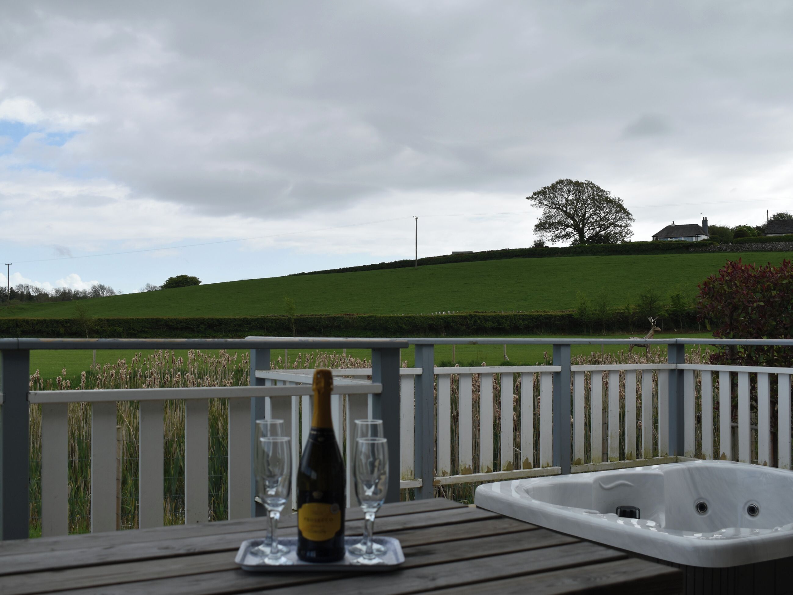 Une terrasse en bois avec une bouteille de champagne, deux verres et un jacuzzi.