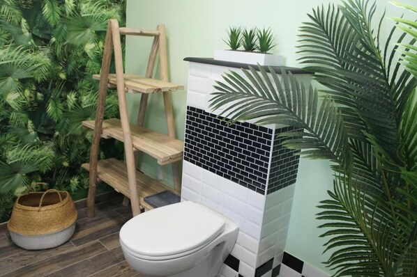 Douche, serviettes fournies, shampoing, papier toilette